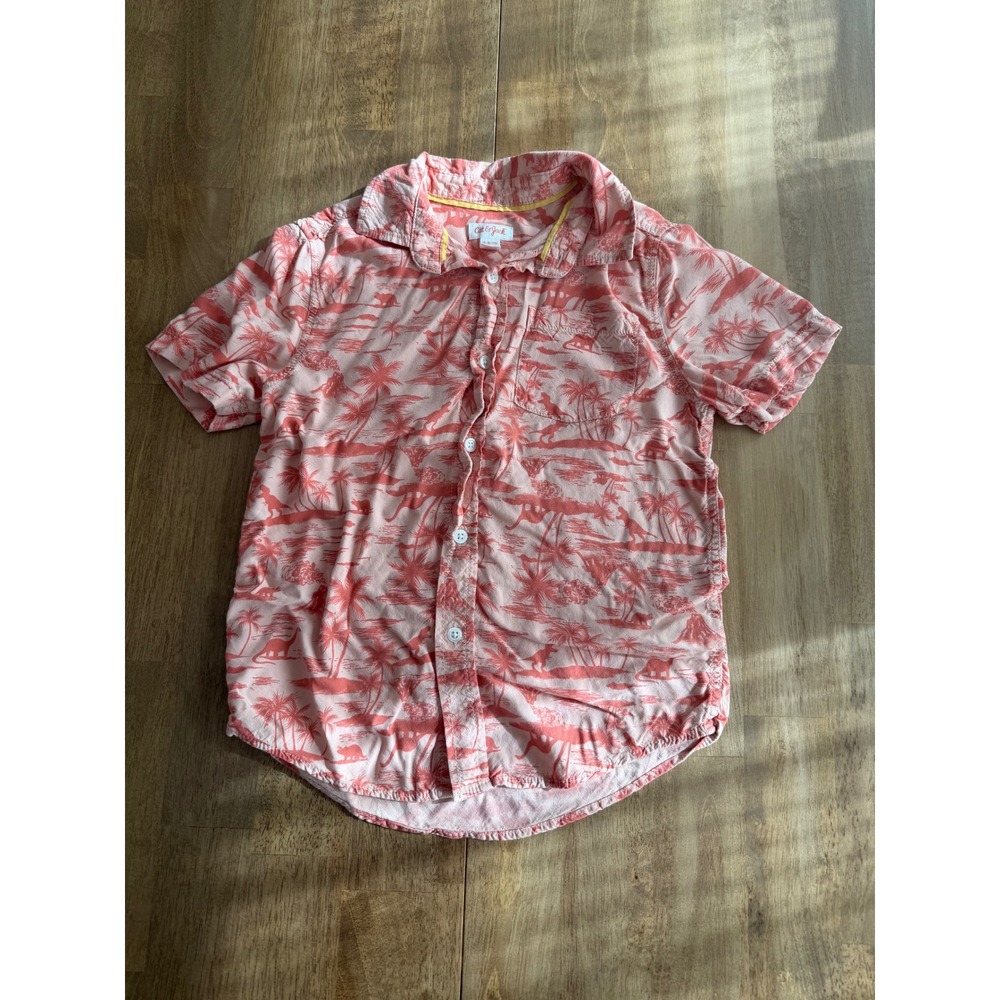 Cat & Jack Boys Pink Tropical Dinosaur Short Sleeve Button Down Shirt M 8/10
